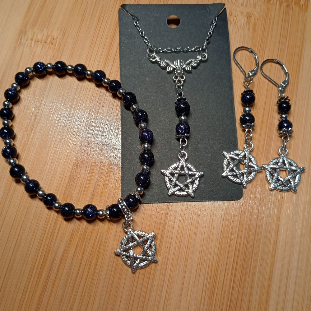 Gothic Elegance Pentagram And Blue Goldstone Jewelry Set Sparkly!!